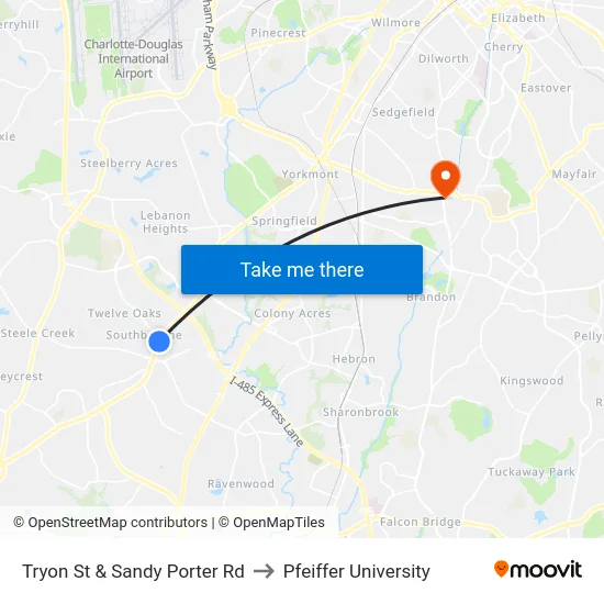 Tryon St & Sandy Porter Rd to Pfeiffer University map