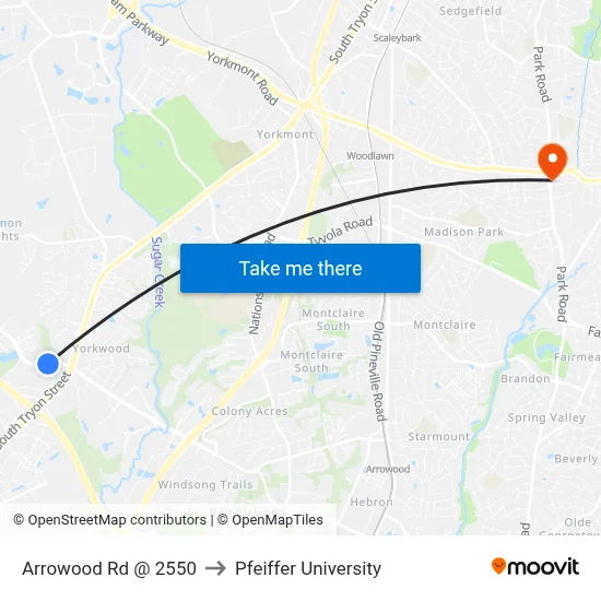 Arrowood Rd @ 2550 to Pfeiffer University map