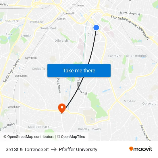3rd St & Torrence St to Pfeiffer University map