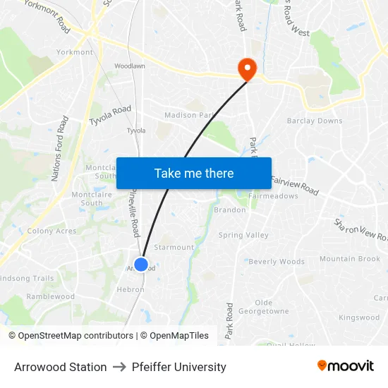 Arrowood Station to Pfeiffer University map