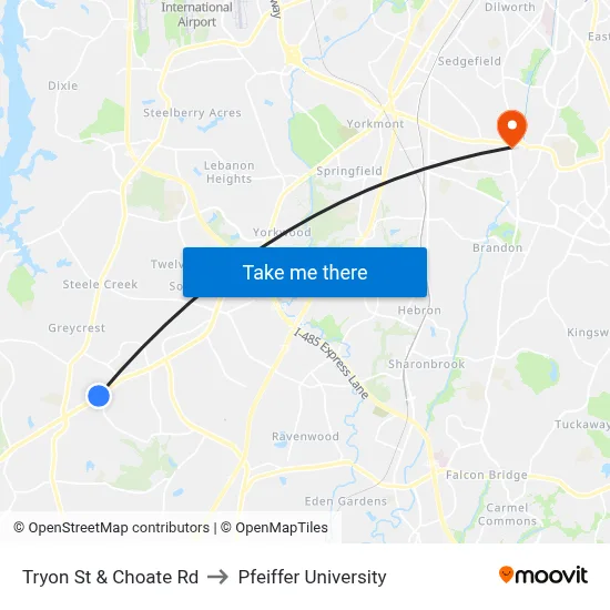 Tryon St & Choate Rd to Pfeiffer University map