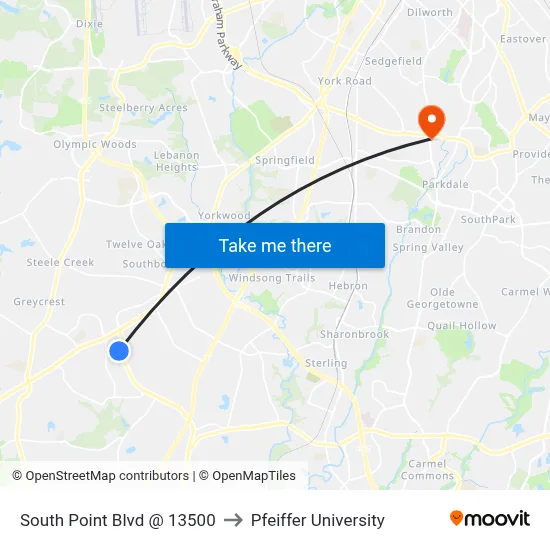 South Point Blvd @ 13500 to Pfeiffer University map