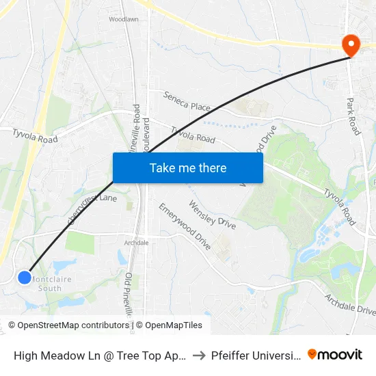 High Meadow Ln @ Tree Top Apts to Pfeiffer University map