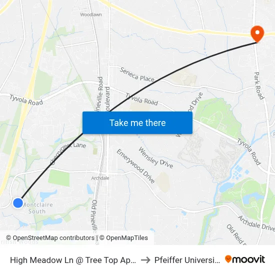High Meadow Ln @ Tree Top Apts to Pfeiffer University map