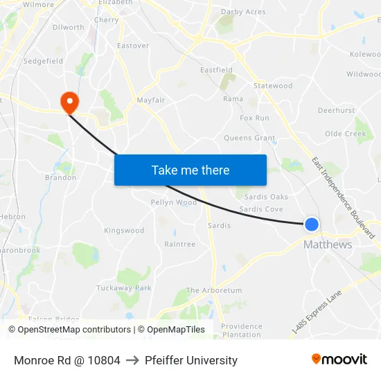 Monroe Rd @ 10804 to Pfeiffer University map