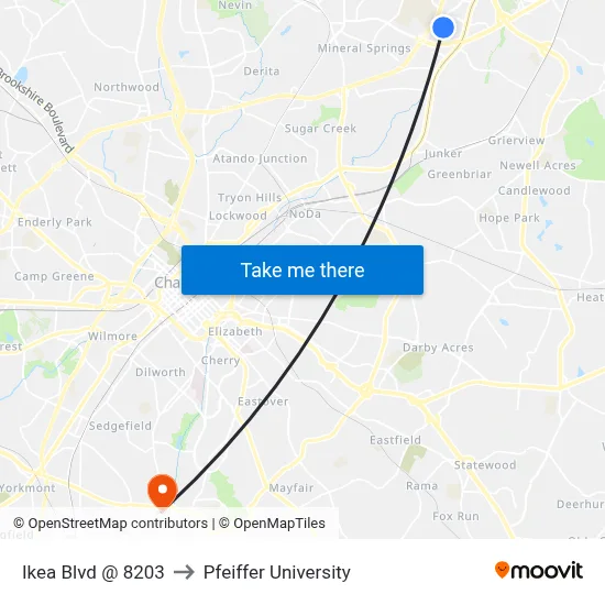 Ikea Blvd @ 8203 to Pfeiffer University map