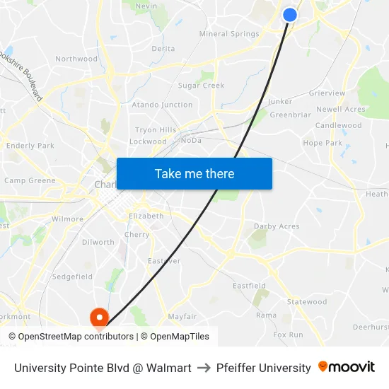 University Pointe Blvd @ Walmart to Pfeiffer University map