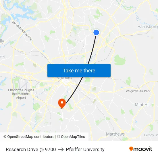 Research Drive @ 9700 to Pfeiffer University map