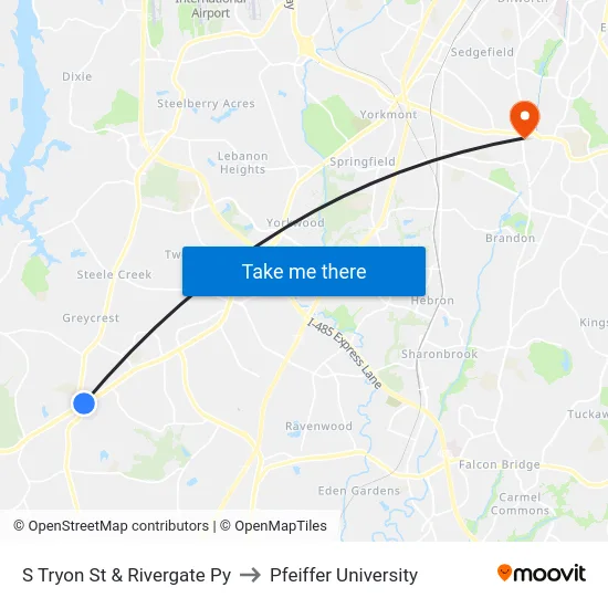 S Tryon St & Rivergate Py to Pfeiffer University map