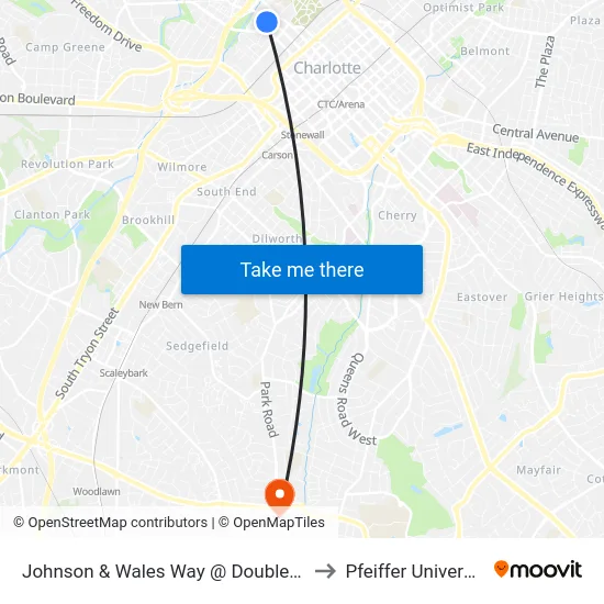 Johnson & Wales Way @ Doubletree to Pfeiffer University map