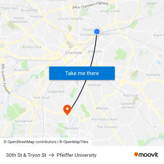 30th St & Tryon St to Pfeiffer University map