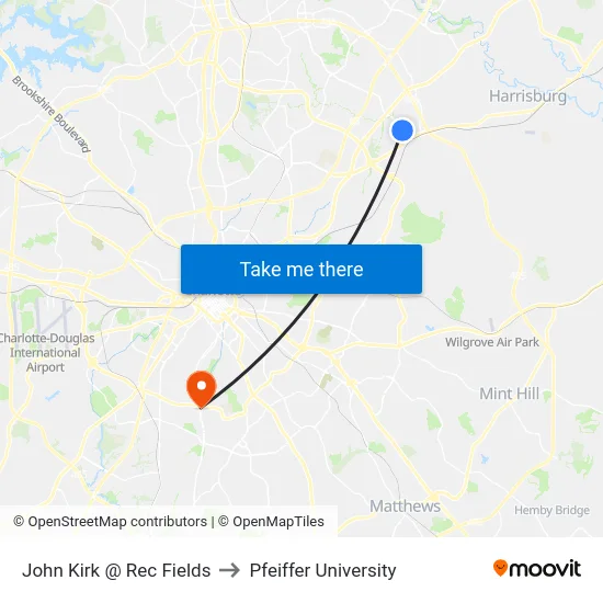 John Kirk @ Rec Fields to Pfeiffer University map