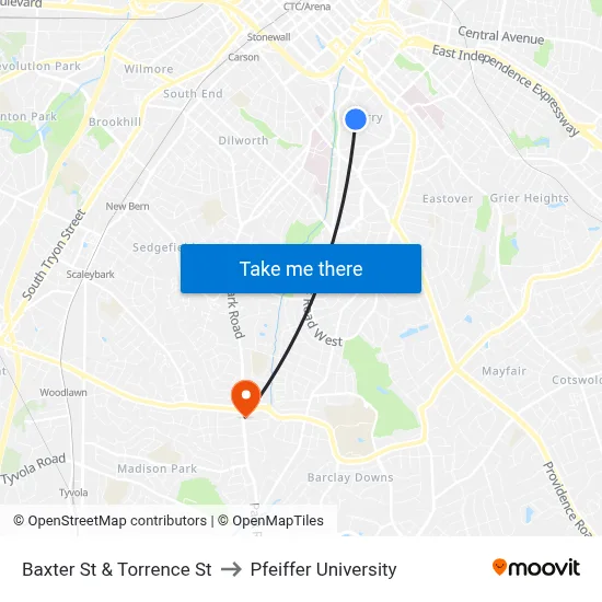 Baxter St & Torrence St to Pfeiffer University map