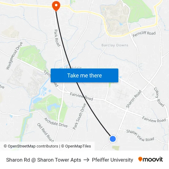 Sharon Rd @ Sharon Tower Apts to Pfeiffer University map