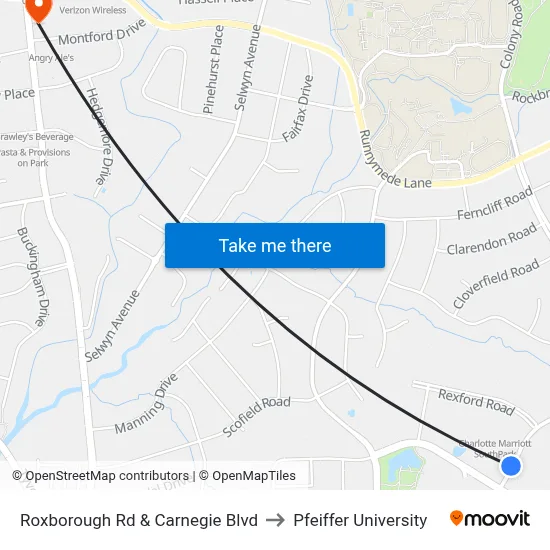 Roxborough Rd & Carnegie Blvd to Pfeiffer University map