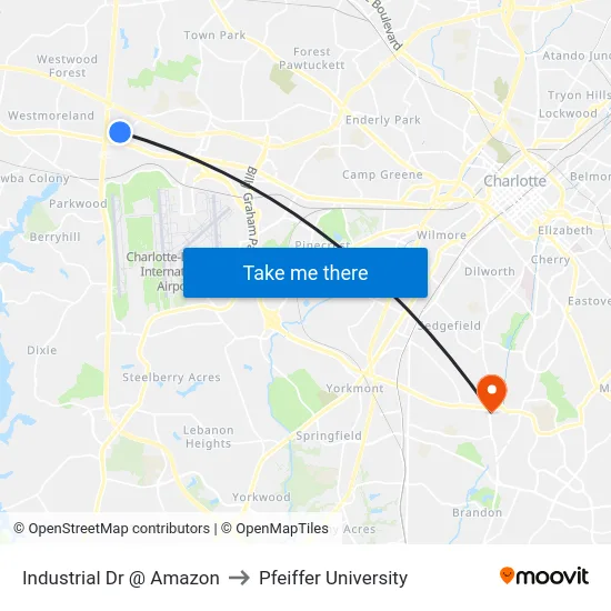 Industrial Dr @ Amazon to Pfeiffer University map