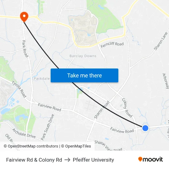 Fairview Rd & Colony Rd to Pfeiffer University map