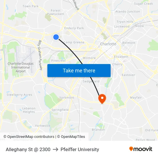 Alleghany St @ 2300 to Pfeiffer University map