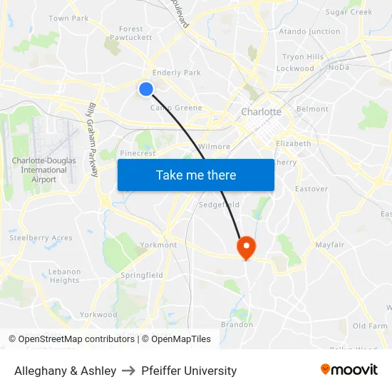 Alleghany & Ashley to Pfeiffer University map