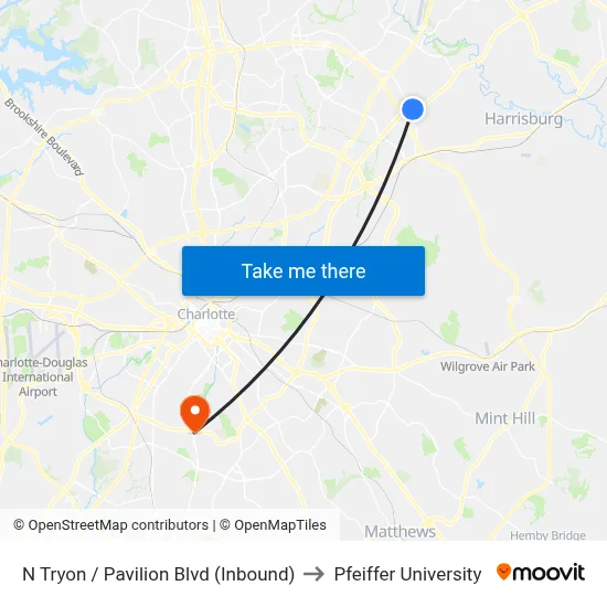 N Tryon / Pavilion Blvd (Inbound) to Pfeiffer University map