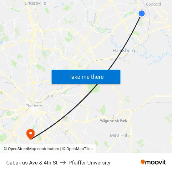 Cabarrus Ave & 4th St to Pfeiffer University map