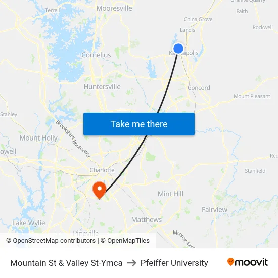 Mountain St & Valley St-Ymca to Pfeiffer University map