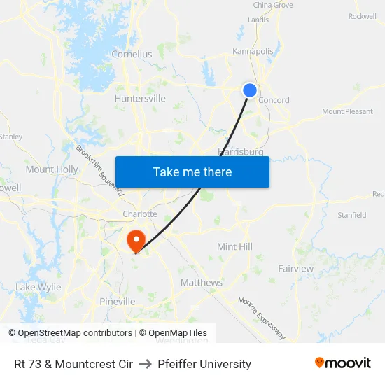 Rt 73 & Mountcrest Cir to Pfeiffer University map