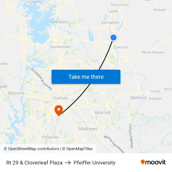 Rt 29 & Cloverleaf Plaza to Pfeiffer University map