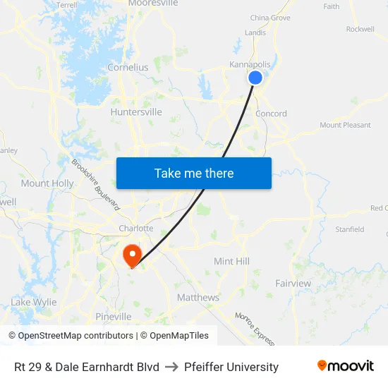 Rt 29 & Dale Earnhardt Blvd to Pfeiffer University map