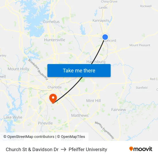 Church St & Davidson Dr to Pfeiffer University map