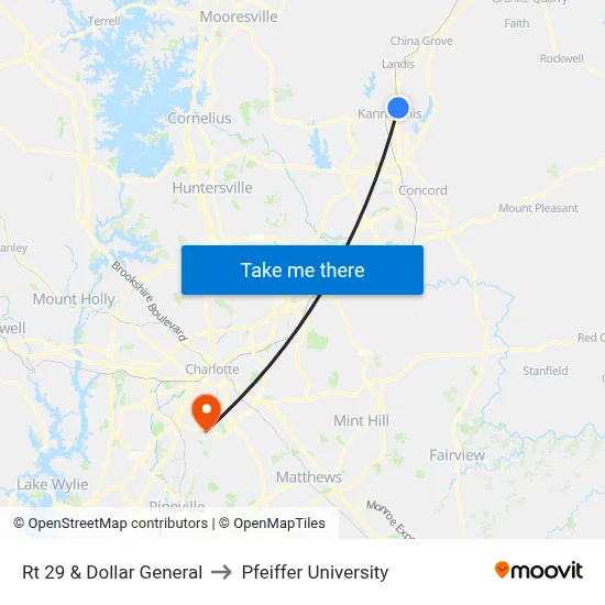 Rt 29 & Dollar General to Pfeiffer University map