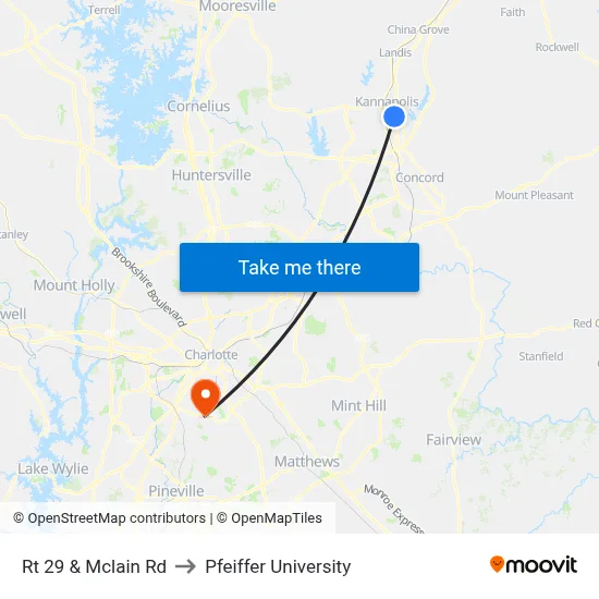Rt 29 & Mclain Rd to Pfeiffer University map