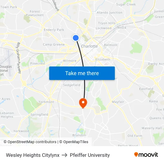 Wesley Heights Citylynx to Pfeiffer University map