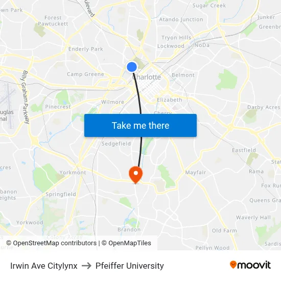 Irwin Ave Citylynx to Pfeiffer University map