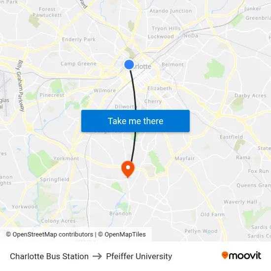 Charlotte Bus Station to Pfeiffer University map