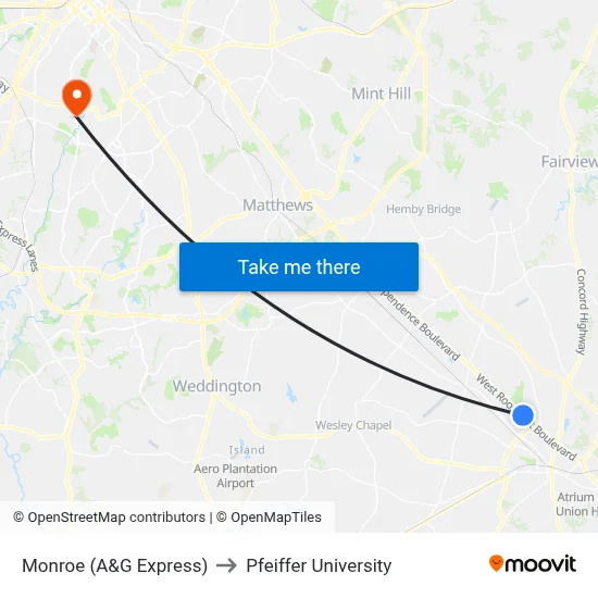Monroe (A&G Express) to Pfeiffer University map