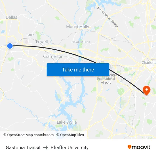 Gastonia Transit to Pfeiffer University map