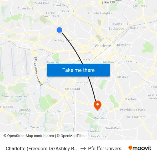 Charlotte (Freedom Dr/Ashley Rd) to Pfeiffer University map