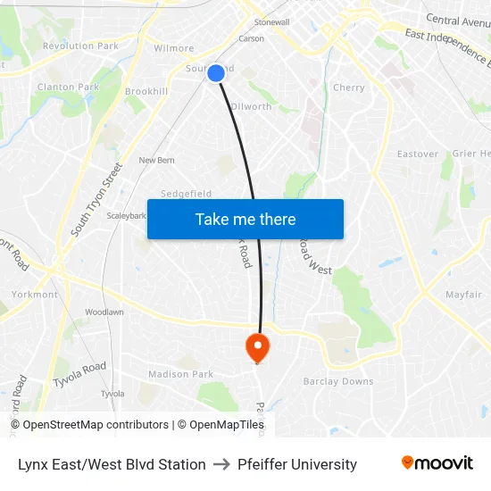 Lynx East/West Blvd Station to Pfeiffer University map