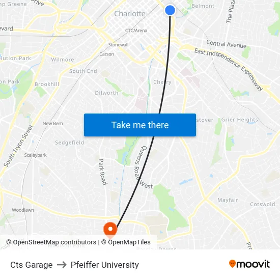 Cts Garage to Pfeiffer University map