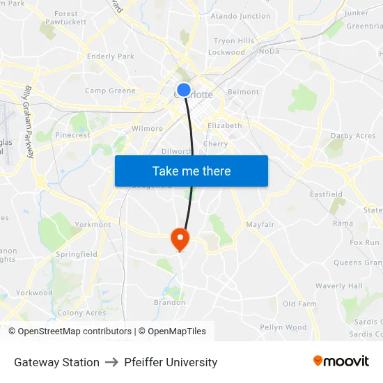Gateway Station to Pfeiffer University map