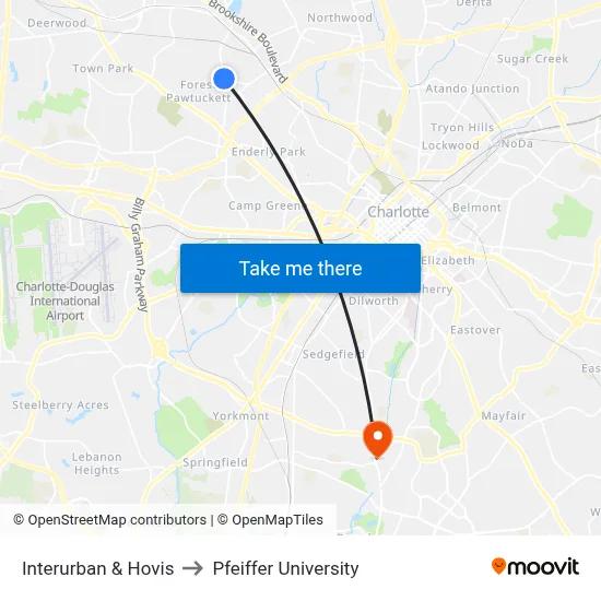 Interurban & Hovis to Pfeiffer University map
