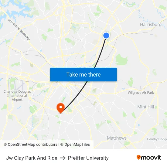 Jw Clay Park And Ride to Pfeiffer University map