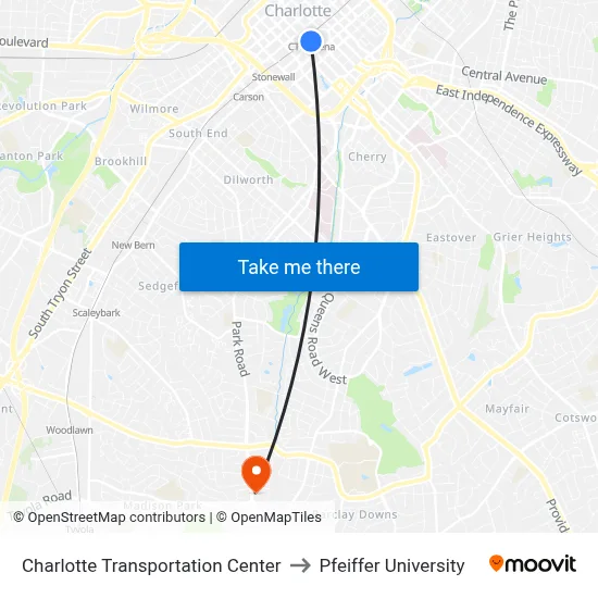 Charlotte Transportation Center to Pfeiffer University map