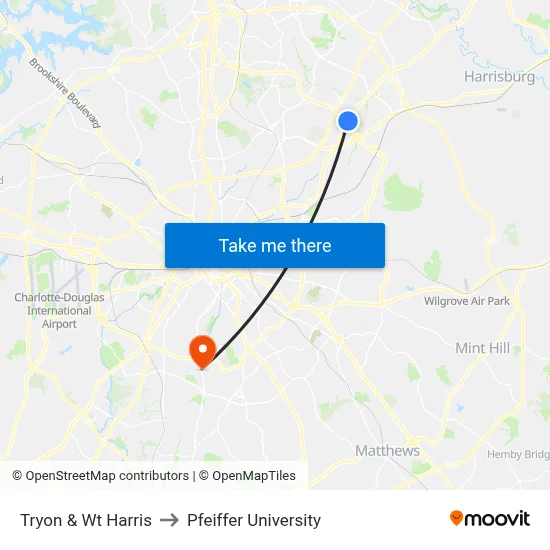 Tryon & Wt Harris to Pfeiffer University map