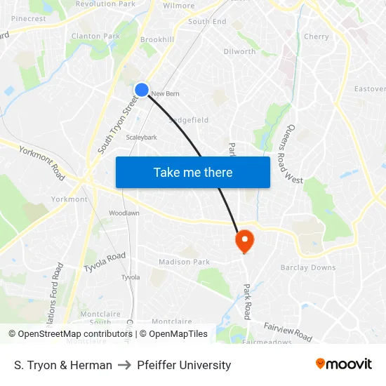 S. Tryon & Herman to Pfeiffer University map