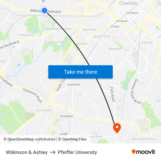Wilkinson & Ashley to Pfeiffer University map