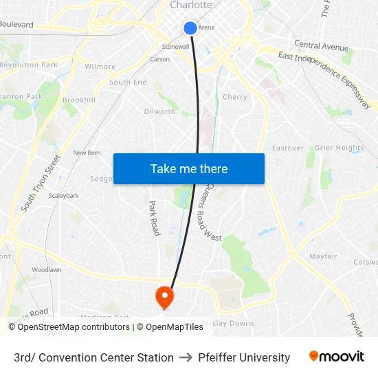 3rd/ Convention Center Station to Pfeiffer University map
