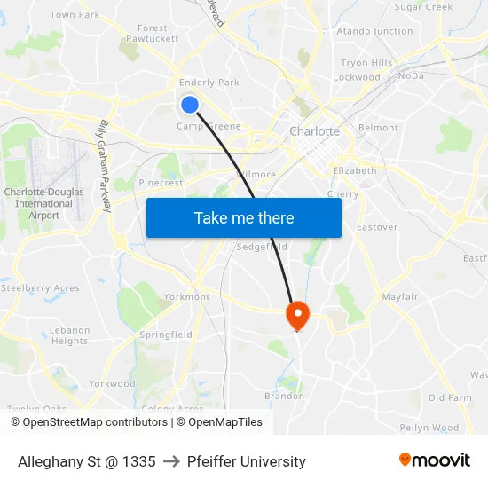 Alleghany St @ 1335 to Pfeiffer University map