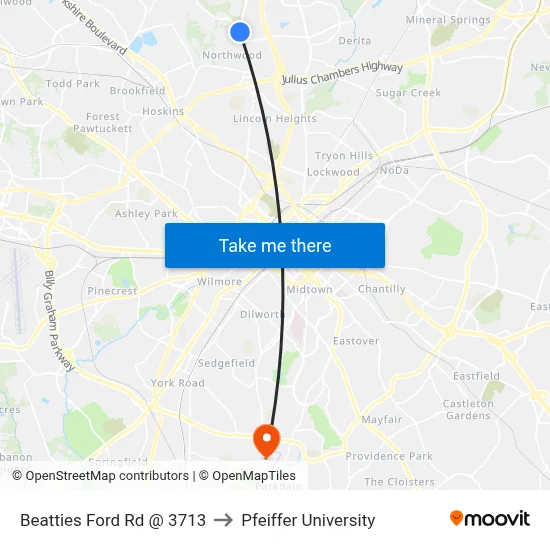 Beatties Ford Rd @ 3713 to Pfeiffer University map